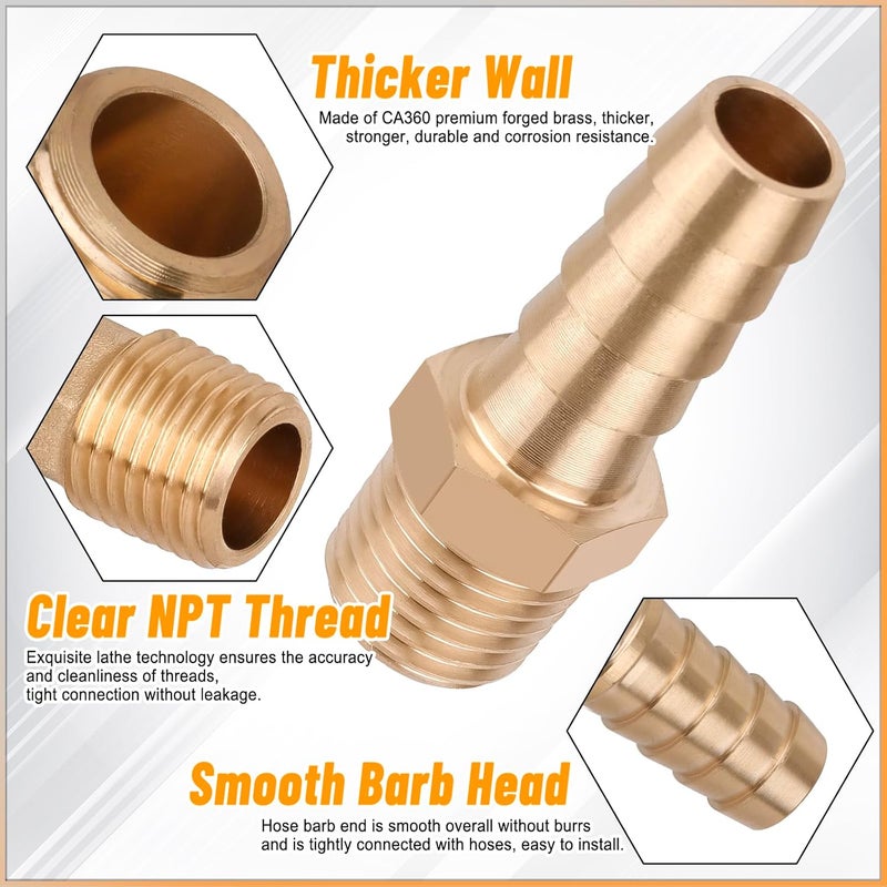 KOOTANS 32PCS Brass Hose Barb Fittings Barb to NPT Male Thread Adapter Kit 3/16" 1/4" 5/16" 3/8" 1/2" Barbed Air Hose Fittings with 46pcs Pipe Clamps for Water Fuel Air Line Connector Fitting - Image 4